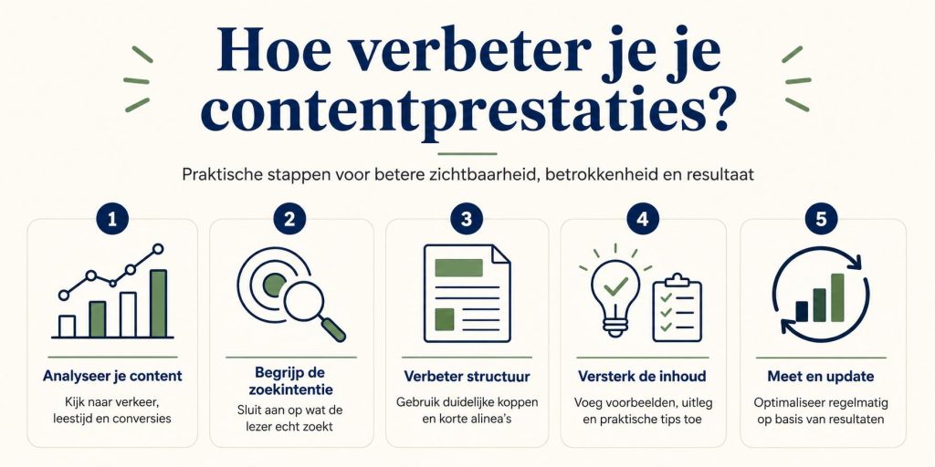 Schematische weergave van hoe je content prestaties kunt verbeteren door analyse en optimalisatie van bestaande pagina's